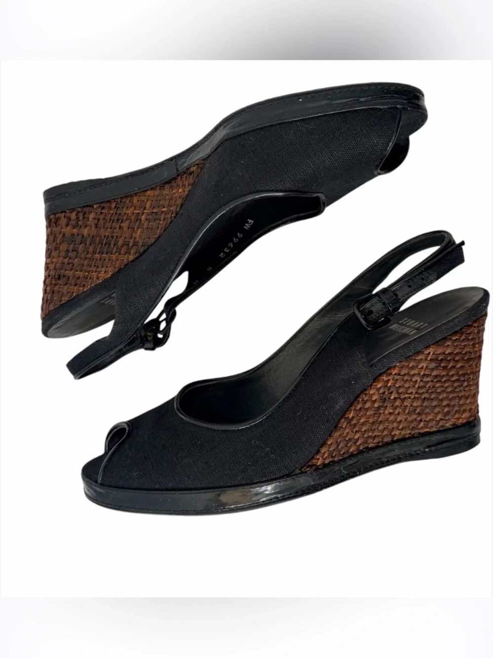 Stuart Weitzman Black linen Peep-Toe Slingback Wedges with Brown Woven Heel